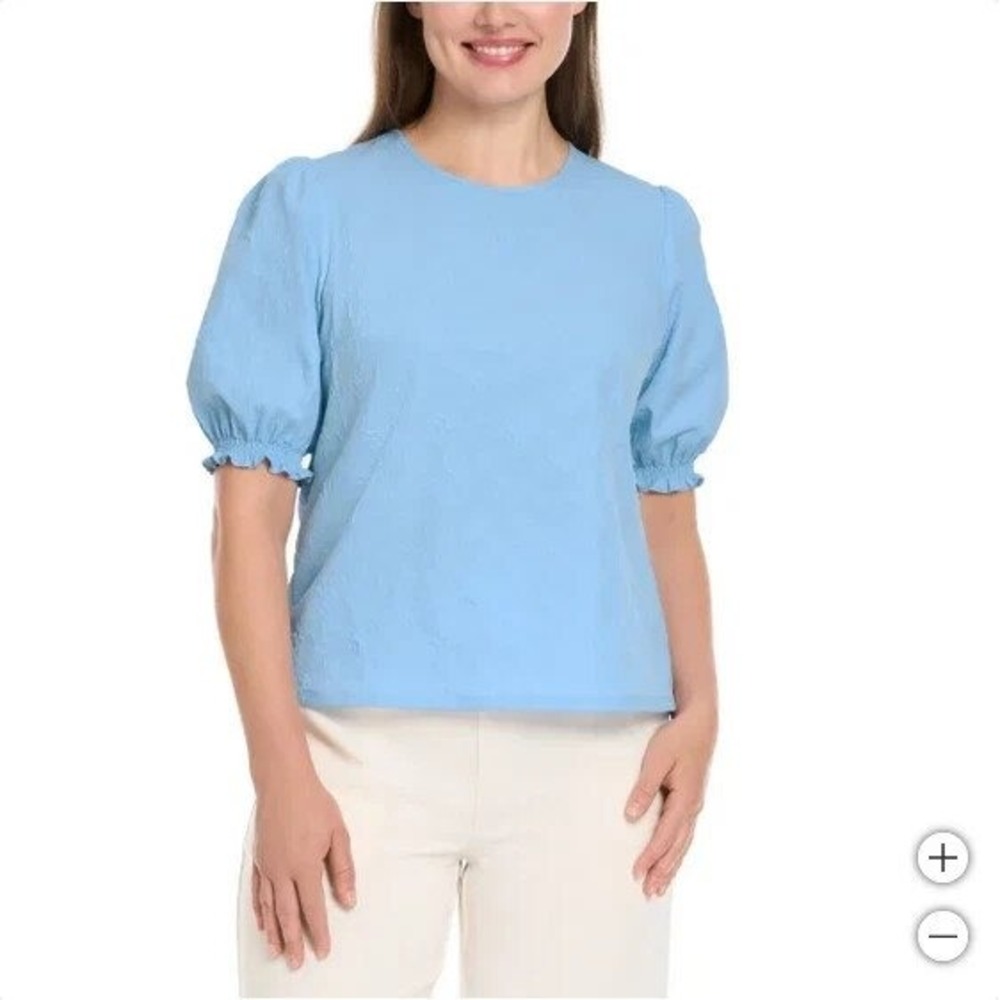 Ted Baker Floral Textured Puff Sleeve Blouse Blue Crew Neck size medium